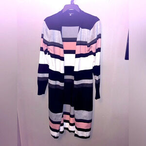 Vila Milano sweater - pink/black/gray stripes long line open front